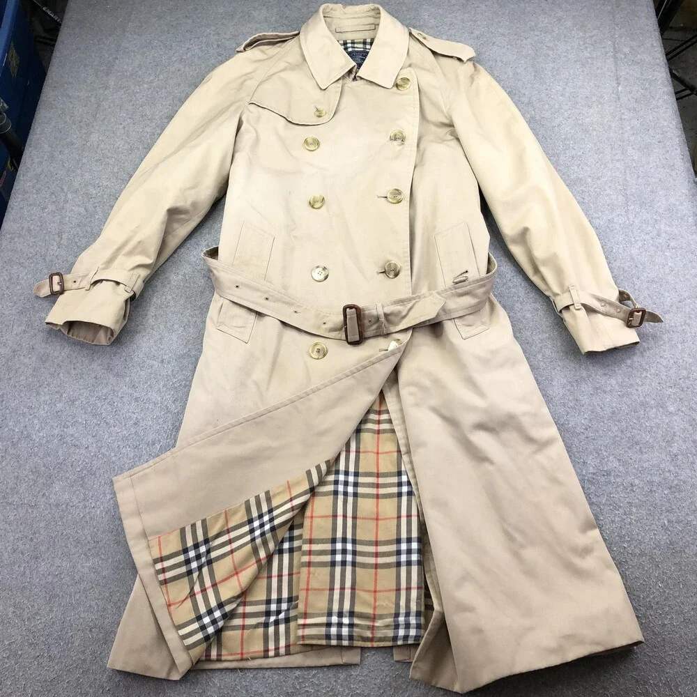 Vintage Burberrys Coat Mens 50 Beige Cotton Trench Belted Plaid Lined England